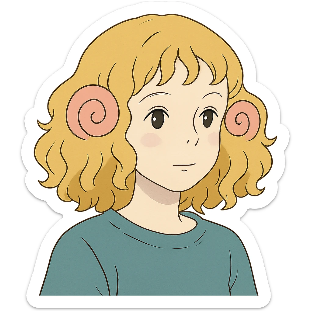 pale girl with curly medium-length blonde hair and baby pink swirls sticker