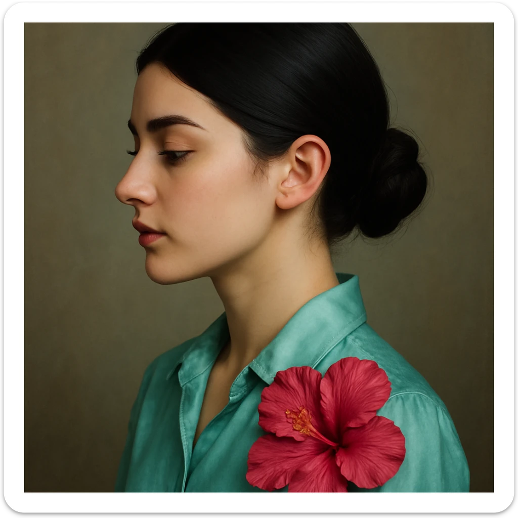 portrait of a black-haired girl with a neat low bun and side hair, face in profile, wearing a light sea blue silk shirt, adorned with a dark pink hibiscus flower sticker