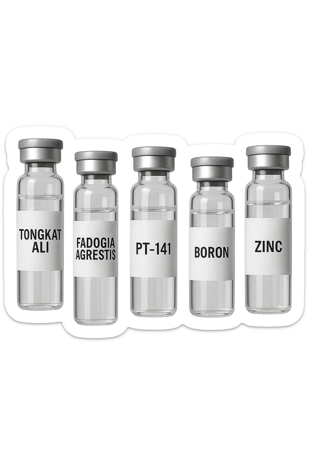 3 fiale mediche: Tongkat Ali, Fadogia Agrestis, PT-141, Boron e Zinco fluttuano in aria verticalmente sticker