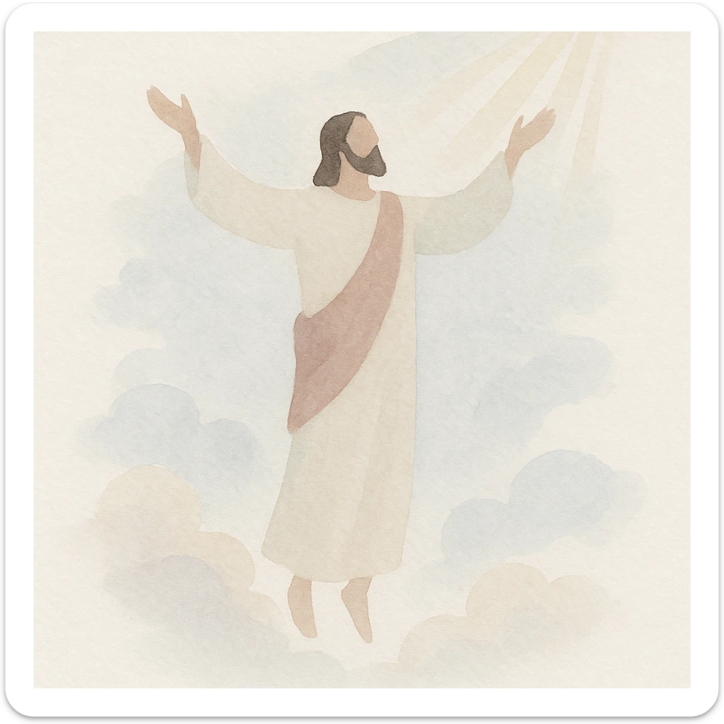 Ascension Day, Jesus ascending into the sky with clouds and rays of light, peaceful and uplifting, watercolor art style sticker