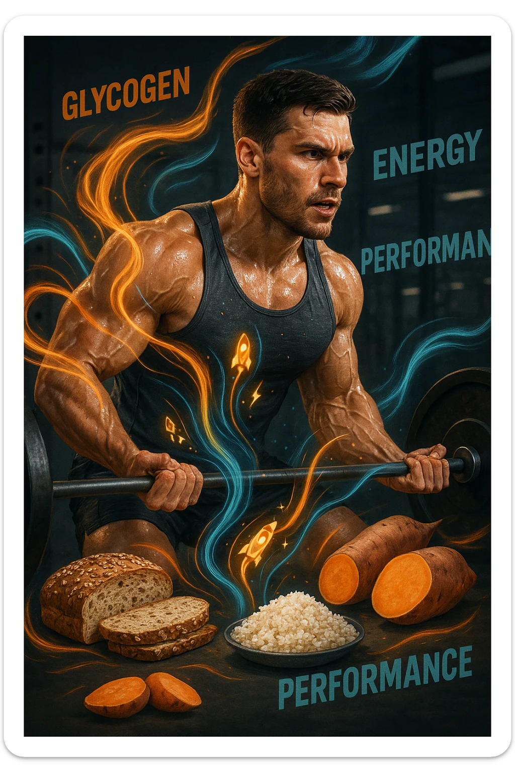 Uomo atletico di circa 30 anni durante un allenamento intenso in palestra, con muscoli ben definiti e sudati. Intorno a lui si visualizzano flussi energetici colorati che partono da fonti di carboidrati (pane integrale, riso, patate dolci) e si dirigono verso i suoi muscoli. I muscoli appaiono attivi, tesi e in pieno sforzo, con piccoli simboli di 'carburante' o energia che entrano nei tessuti. Espressione concentrata e potente. Sullo sfondo, parole come 'glicogeno', 'energia', 'prestazione'. Atmosfera dinamica, intensa e positiva. sticker
