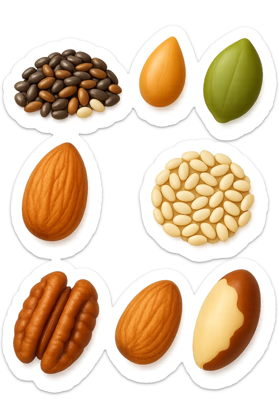 emoji stile iphone 3d di questi elementi che fluttuano in aria:

Semi di chia, lino, zucca, sesamo
Mandorle, noci pecan, noci brasiliane (porzioni limitate)

 che fluttuano sparse casualmente in aria, iperealistico 4k sticker