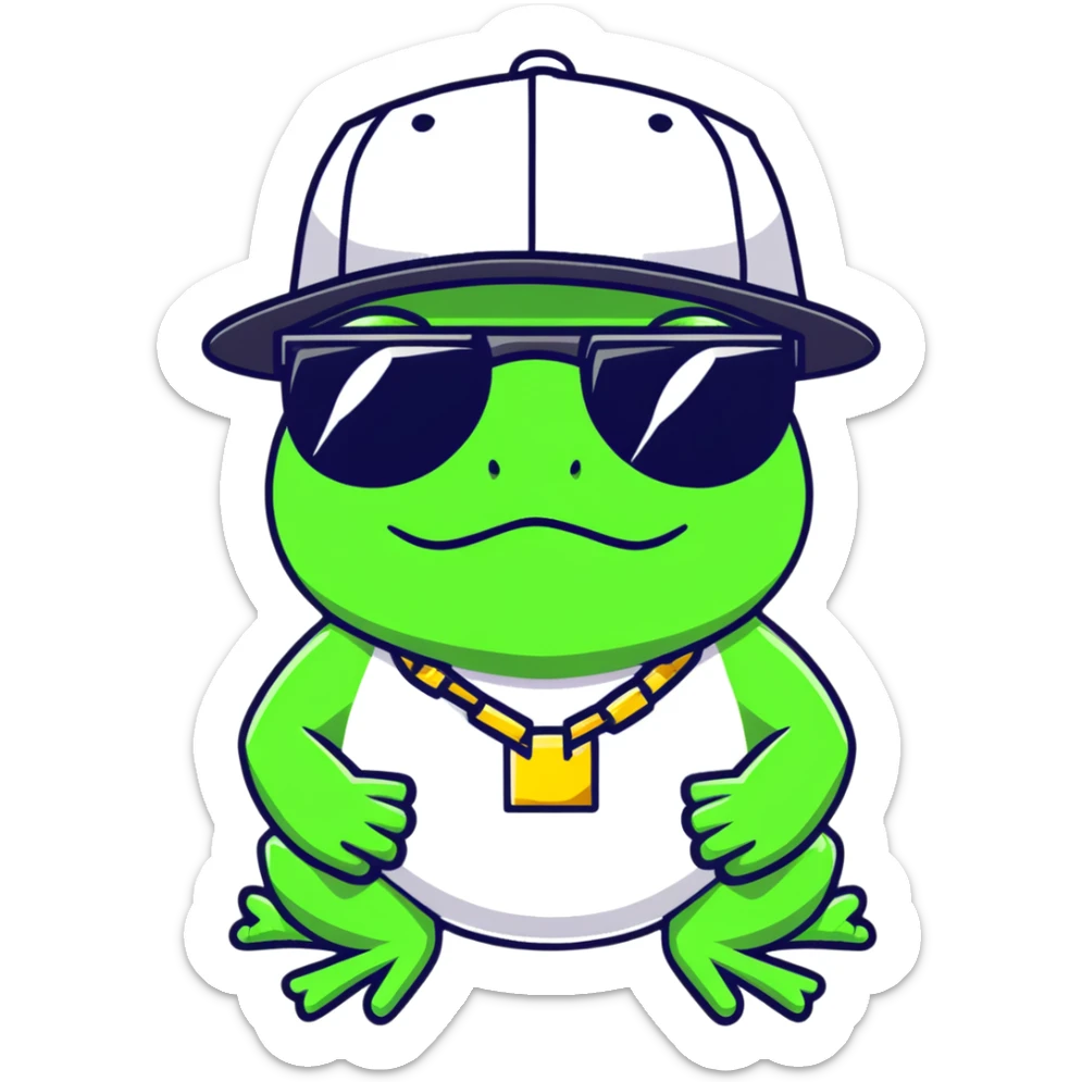 thug life frog with pixelated black sunglasses, gold chain, snapback hat, tough gangster pose sticker