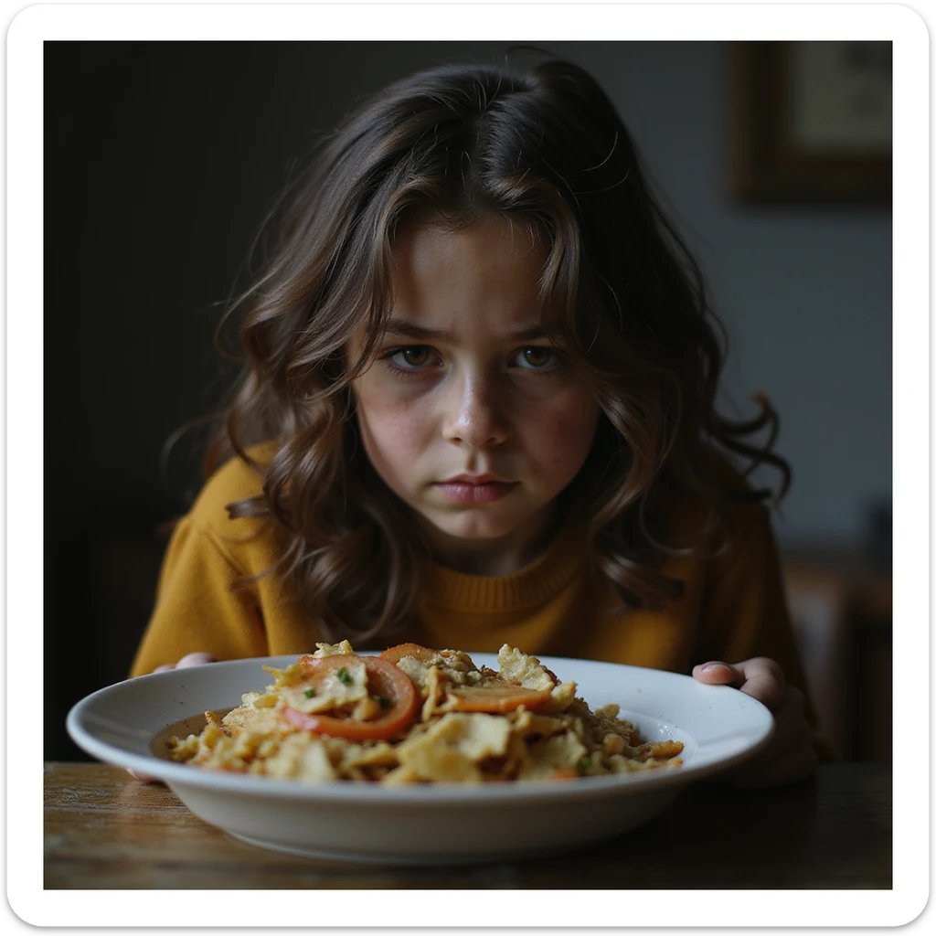 donna triste che mangia insalata, espressione triste, iperrealismo 4K, variazione 5 sticker