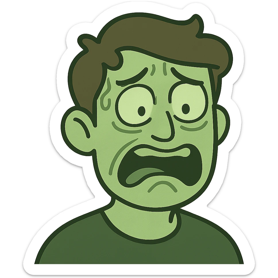 flat toon style face, exaggerated disgust and fear, greenish tint, after witnessing cannibalism sticker