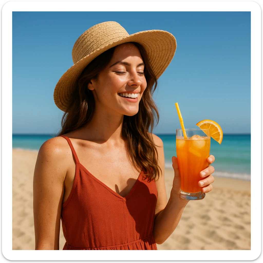 take this picture of a woman and make it  beach photo with drink sticker