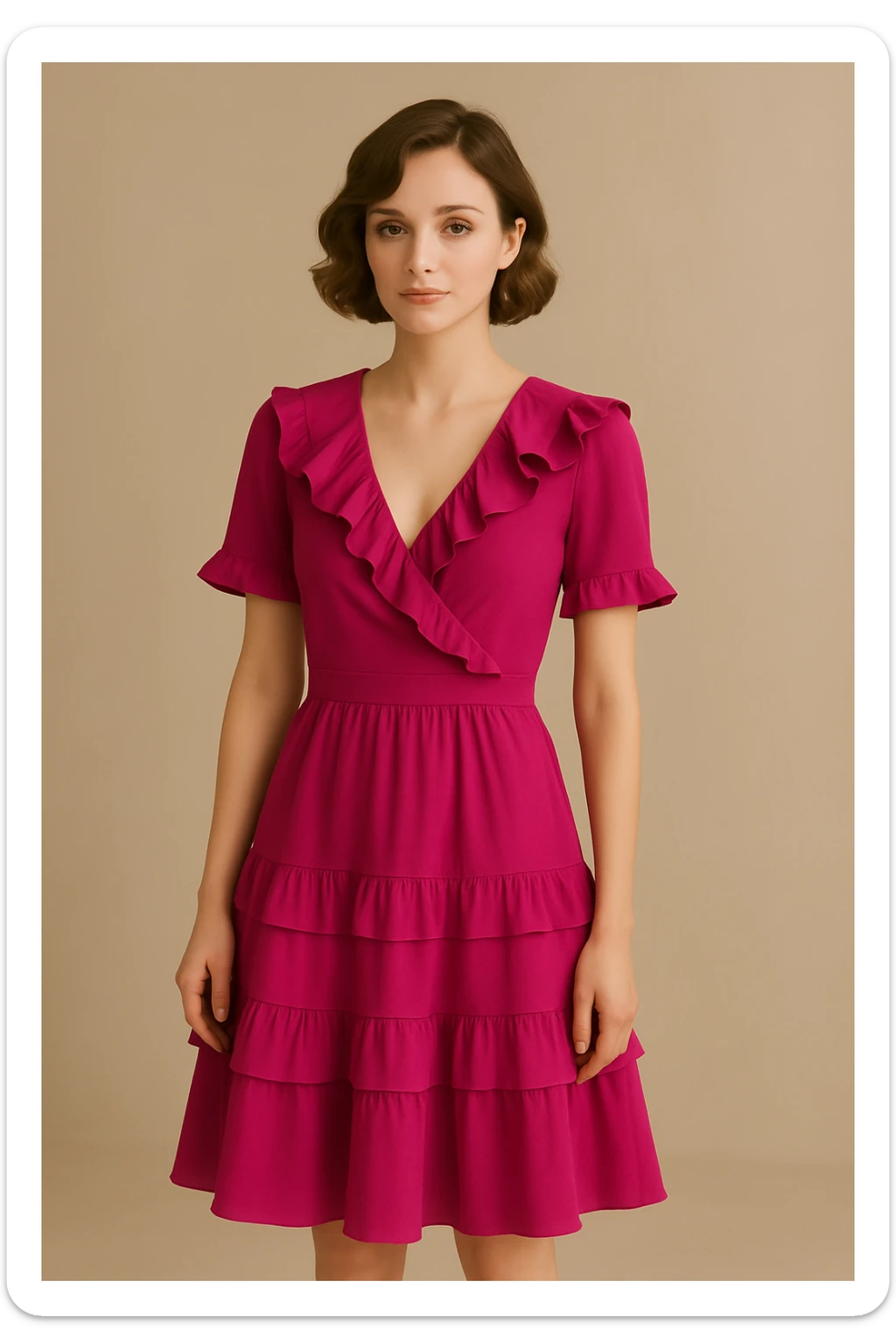Change the pink dress to a vibrant fuchsia with ruffles, keep the rest of the look the same, bold and stylish style. sticker