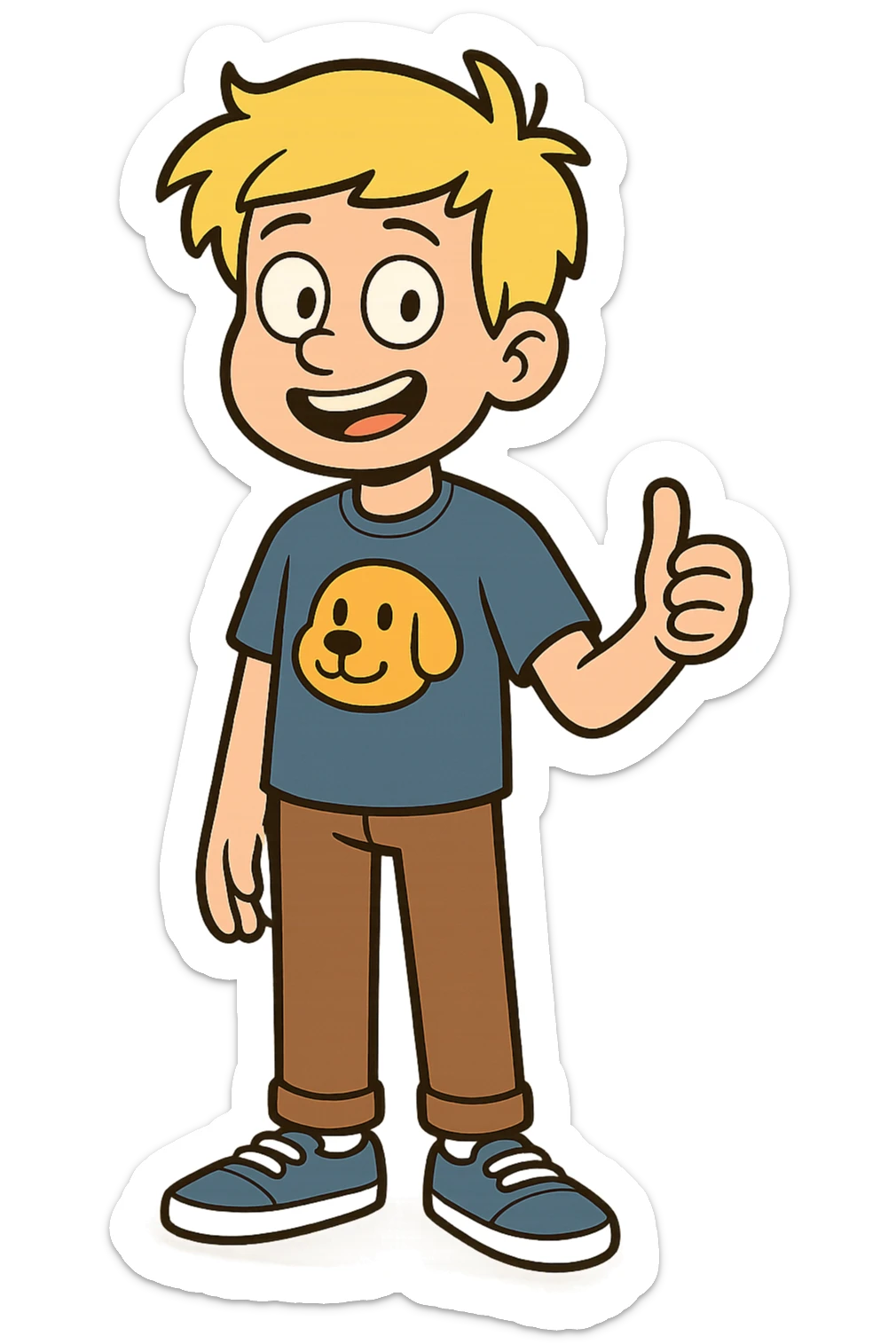 A boy yellow hair dog mascot logo t-shirts brown trousers blue vans shoe  sticker