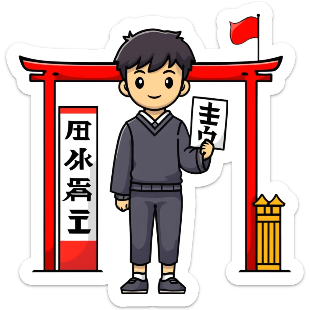 Japanese high school boy welcoming visitors with poster at cultural festival entrance sticker
