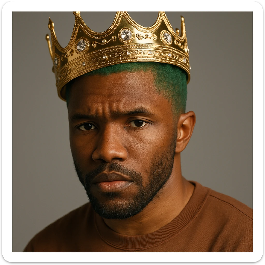 detailed portrait of Frank Ocean with green hair wearing Kendrick Lamar's crown sticker