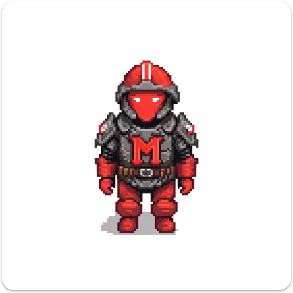 military person in black and red armor, wearing a black flag on back with red letter M in center sticker