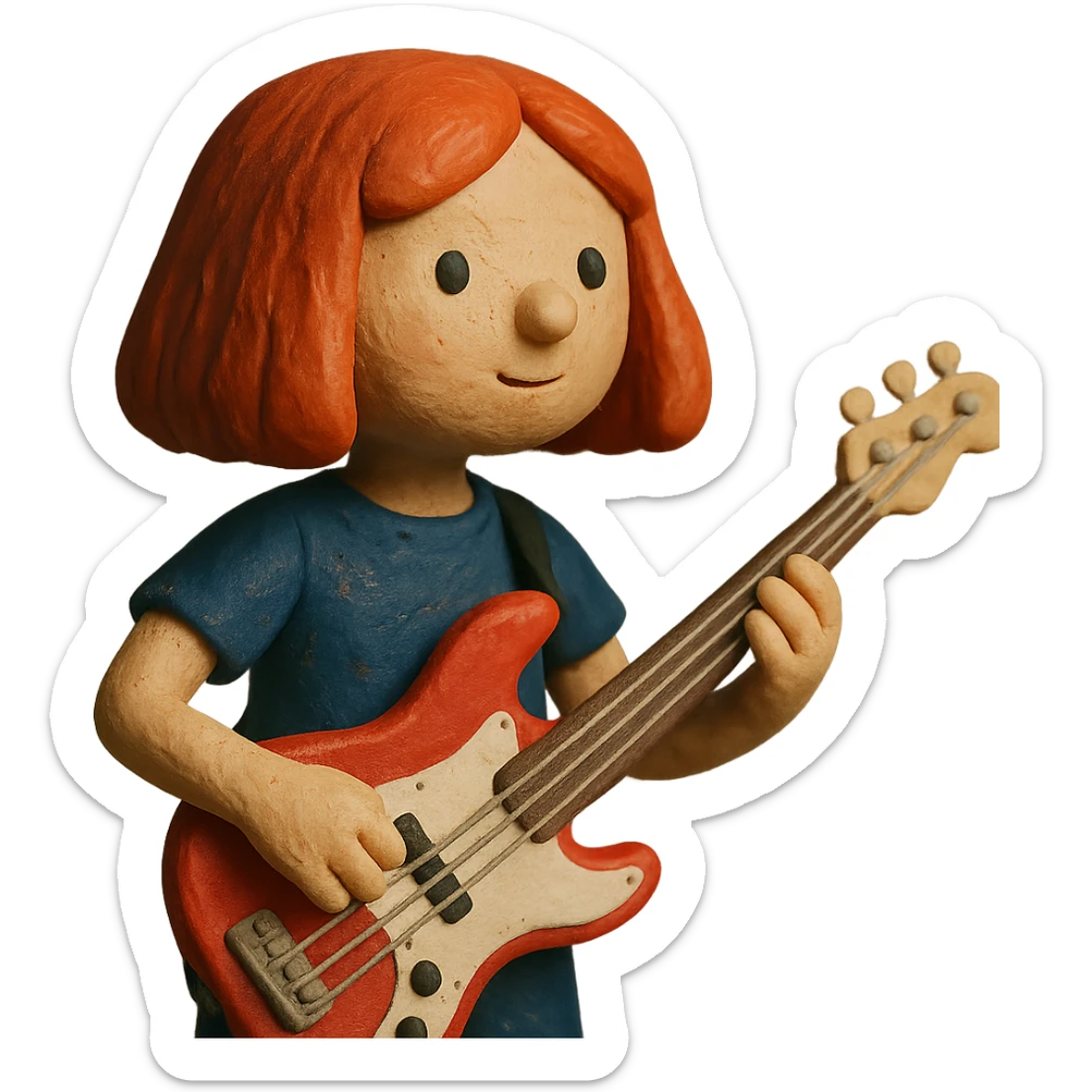girl with red hair and red bass guitar, long bob hairstyle sticker