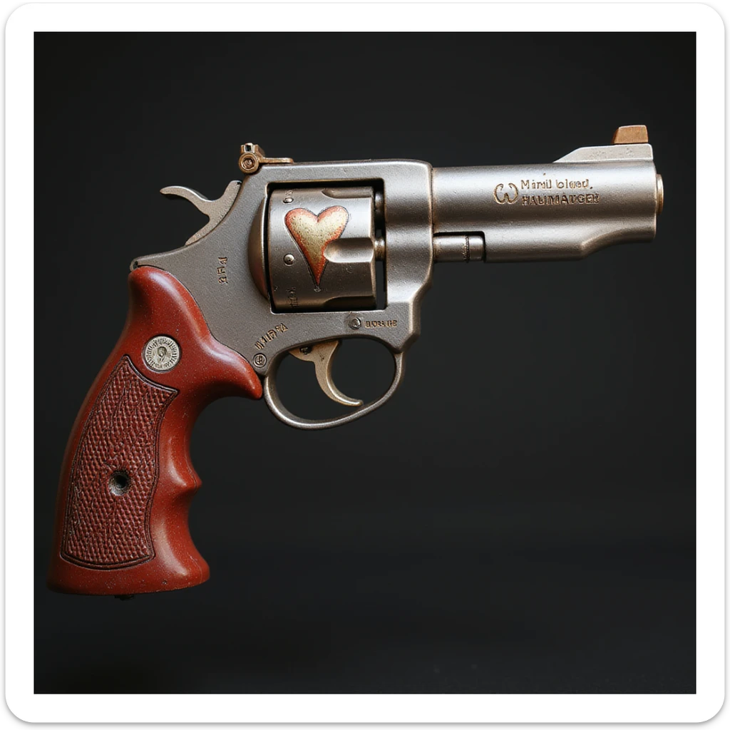 a realistic revolver with a heart motif, metallic and red accents, photorealistic style sticker
