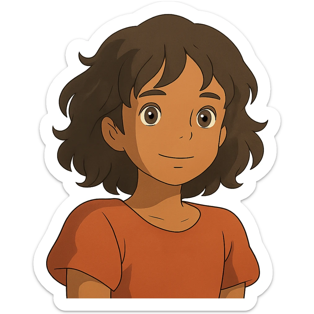 brown girl with wavy hair and brown eyes in ghibli style sticker