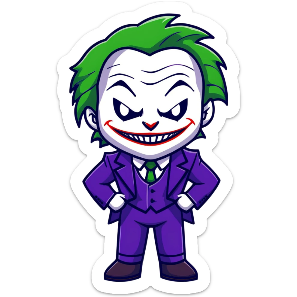 The Joker villain full body with green hair, purple suit, white face, red lips, sinister smile sticker