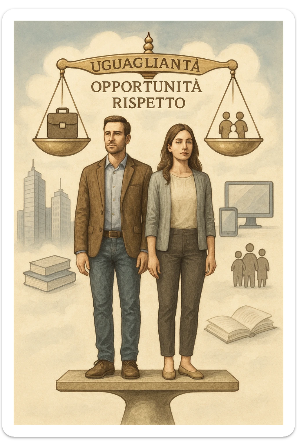 Un uomo e una donna, entrambi tra i 30 e i 40 anni, in piedi fianco a fianco su un piedistallo unico che rappresenta l’equilibrio. Indossano abiti moderni da lavoro o casual, con sguardi determinati e sereni. Sullo sfondo, simboli di società moderna: grattacieli, tecnologia, libri, famiglia. Sopra di loro, una bilancia perfettamente equilibrata con i simboli 'uguaglianza', 'opportunità', 'rispetto'. La scena è armoniosa, luminosa, con colori neutri e un tono positivo. Stile realistico con accenti simbolici in italiano sticker