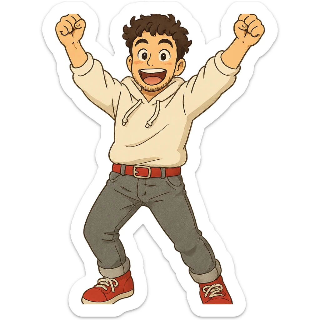 1 male, mid fade haircut dark chestnut brown curly hair, toasted lightskin, white hoodie sleeves up, gray fashion jeans, red fashion-sneakers shoes, red belt, short trimmed beard and goatee,  style of deku from "my hero academia",  doing a pose for a "happy" emote for twitch sticker