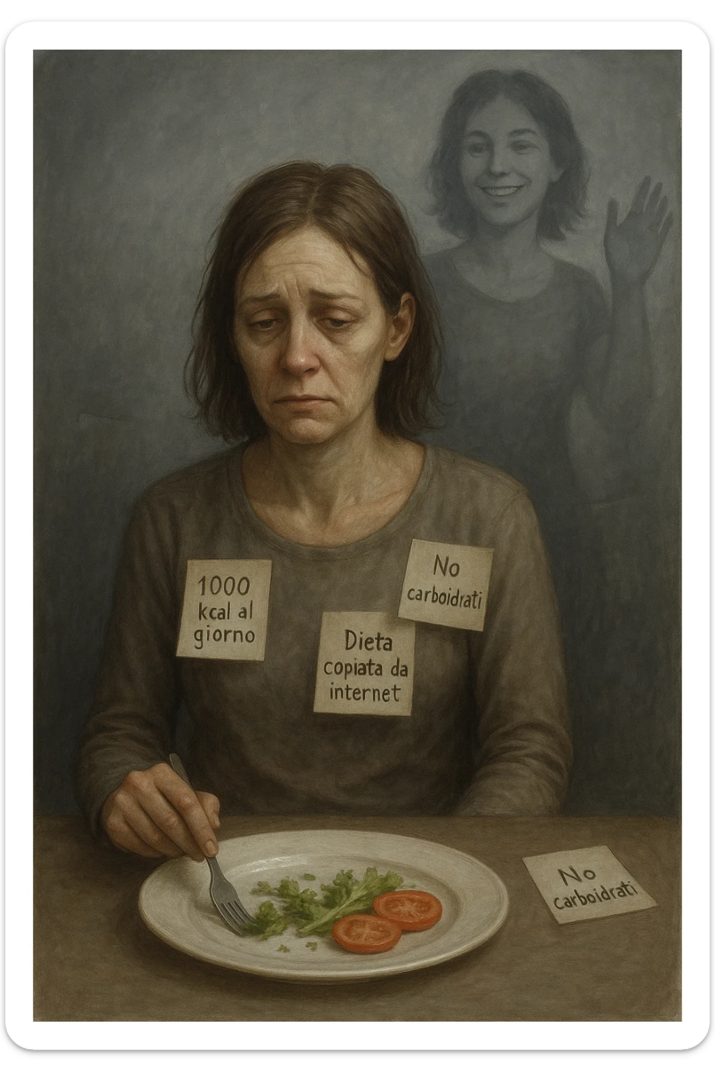 Donna tra i 30 e i 40 anni seduta a tavola, davanti a un piatto quasi vuoto con solo insalata e due fette di pomodoro. Il suo volto è visibilmente triste, stanco, con occhi spenti. Intorno a lei, foglietti attaccati con scritte come '1000 kcal al giorno', 'No carboidrati', 'Dieta copiata da internet'. L’atmosfera è fredda, grigia, priva di energia. Il suo corpo appare spento e scarico. Sullo sfondo, la sagoma di sé stessa più felice e piena di vitalità, come ricordo di un approccio migliore mai seguito. Stile realistico e simbolico sticker