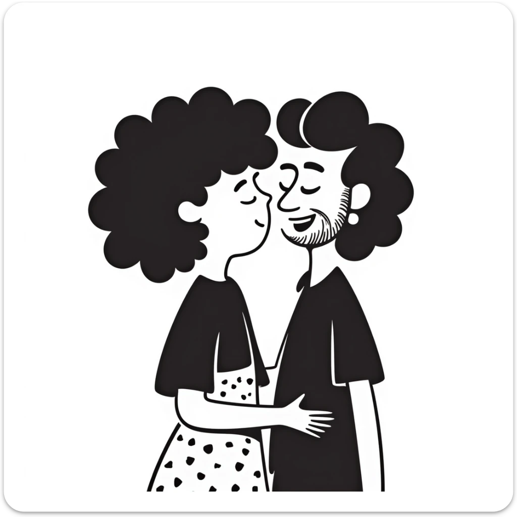 Curly haired woman with curly hair kissing a man with straight hair and a beard, cute couple sticker