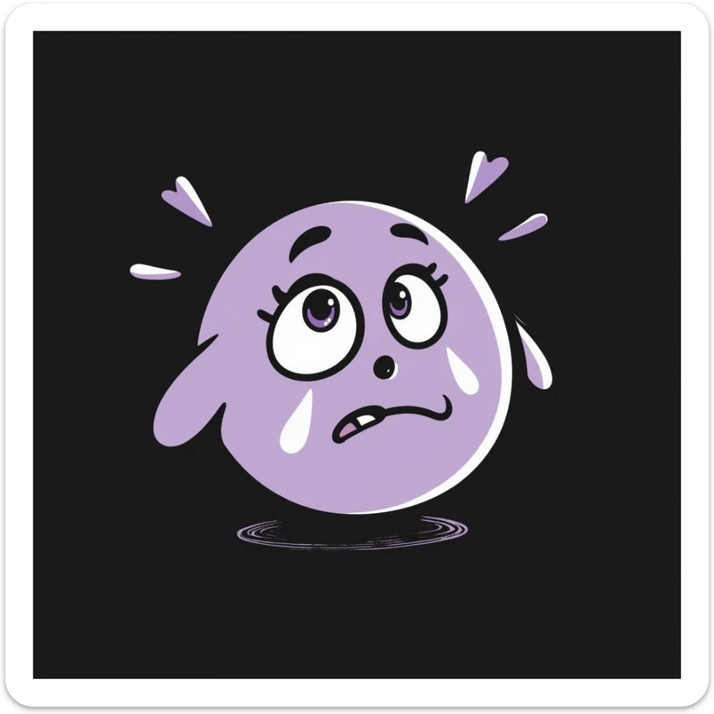 pastel chalk hand-drawn emoji, big purple eyes with white heart-shaped pupils, tears streaming down cheeks, trembling motion lines, soft frown, heartbreak expression, rough doodle texture, lilac color palette, dark surface, for emotional Telegram use sticker
