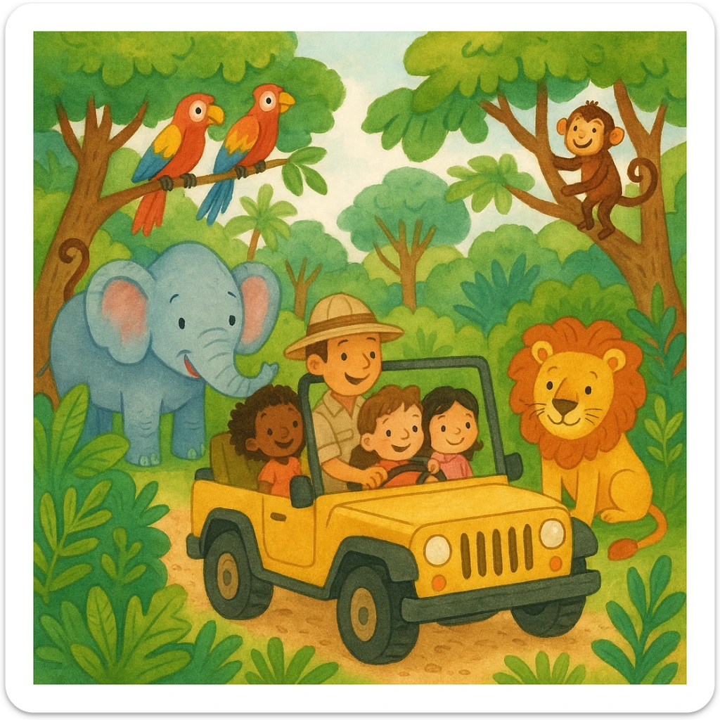 digital illustration of jungle safari in the style of children's story book sticker