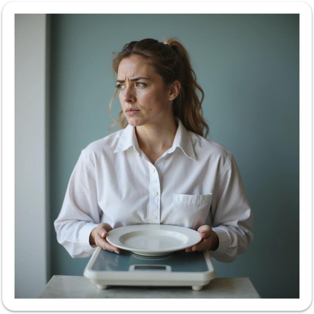 vertical 9:16 portrait of a woman with PCOS standing on a scale holding a ketogenic plate, disappointed expression, face with acne and facial hair, thin hair, clinical environment, hyperrealistic 4K details sticker