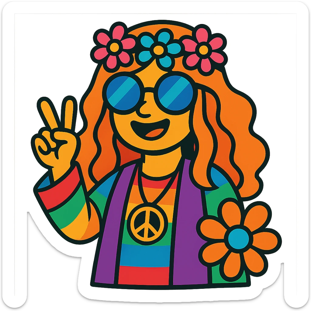 flower child, 1960s hippie, colorful, peace sign, flower crown, vibrant, cartoon style sticker
