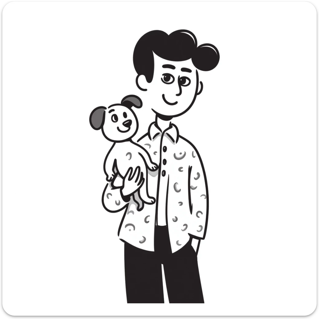 Mexican man with black hair and brown eyes wearing a shirt and black pants, holding a small white dog with one brown ear sticker
