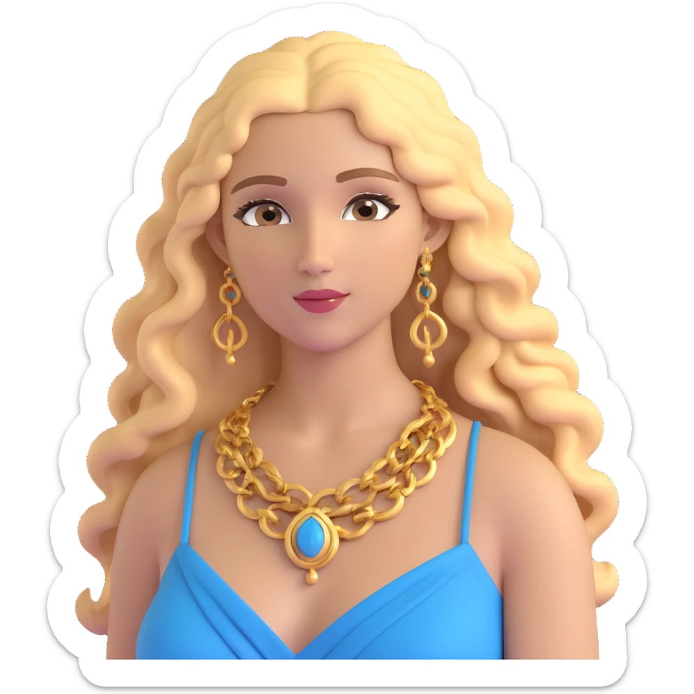 attractive Greek woman with long curly hair and light skin wearing gold Greek jewelry sticker