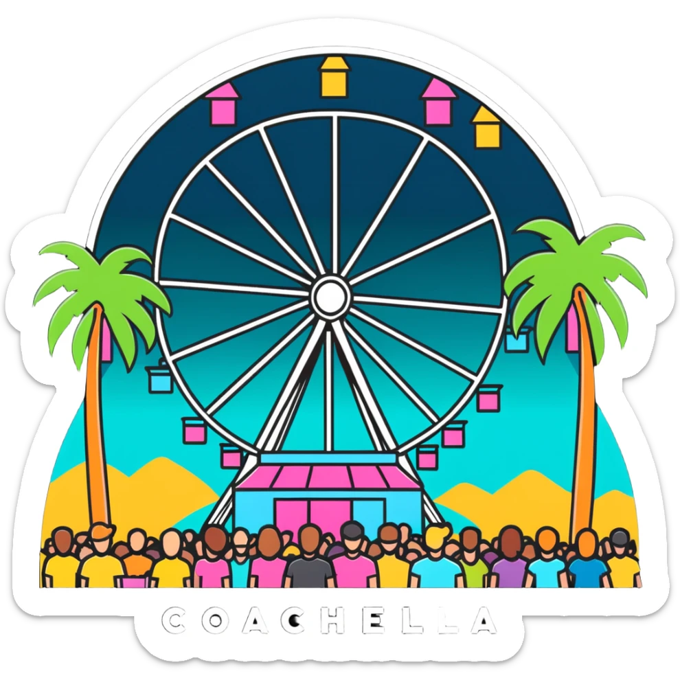 crowd at Coachella music festival with ferris wheel and palm trees sticker