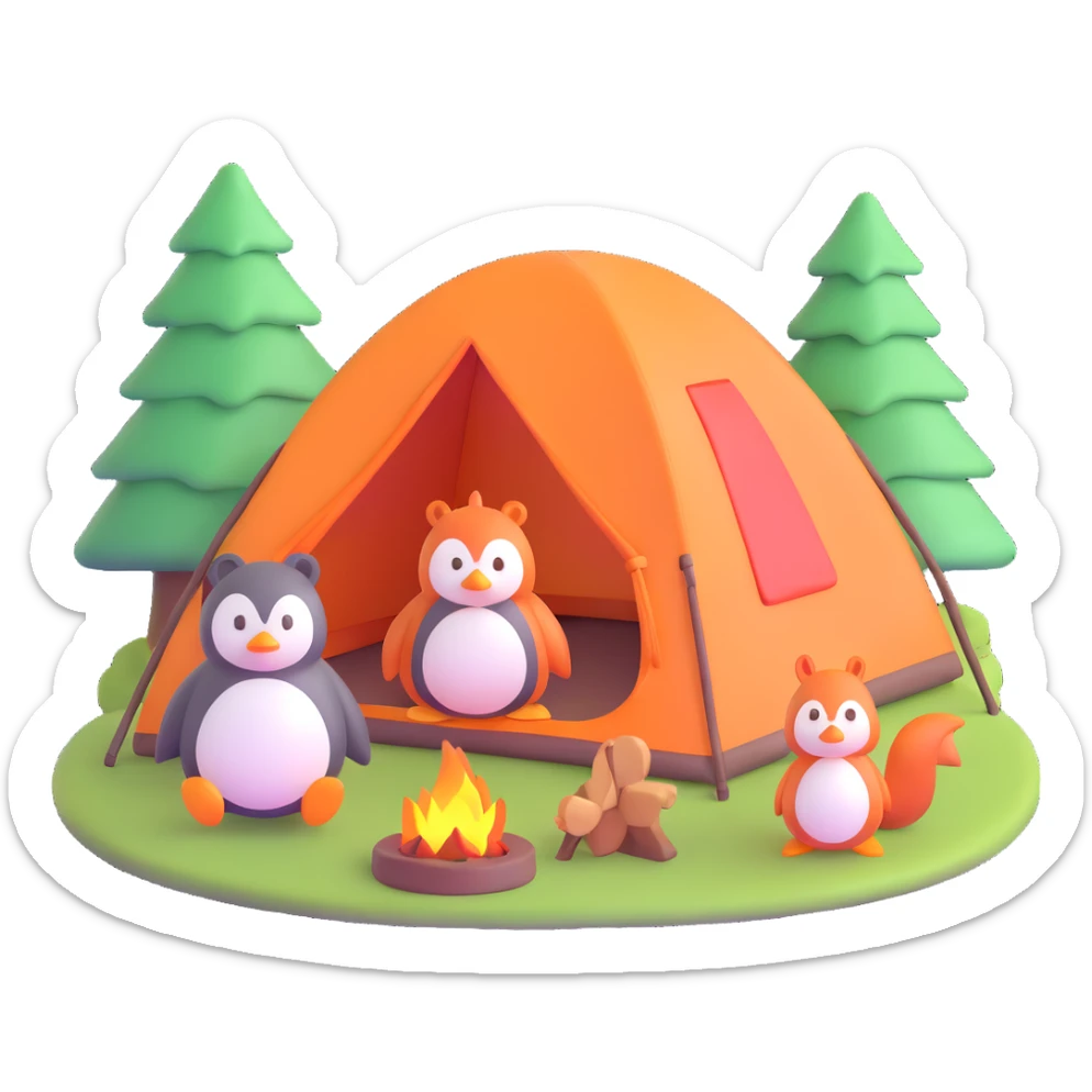 Pinguin und Eichhörnchen beim Campen, 3D Emoji Stil, Zelt im Hintergrund sticker
