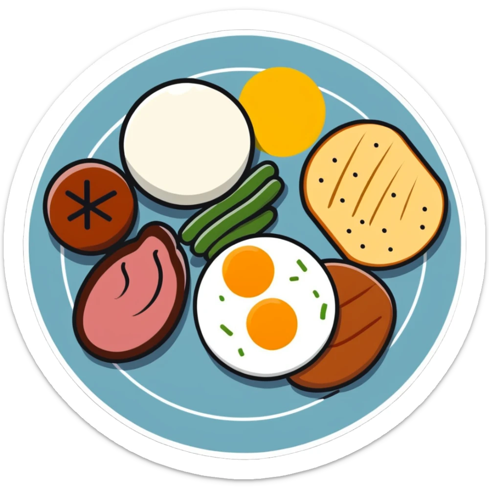 A colorful plate with protein foods: meat, egg, beans, tofu, and yogurt served together. sticker