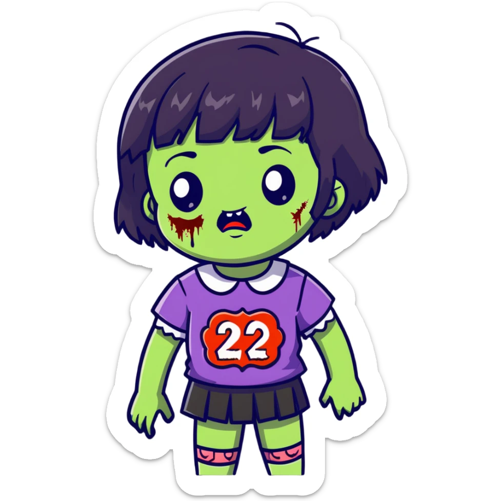 zombie girl with short wavy hair and black bangs, greenish skin sticker