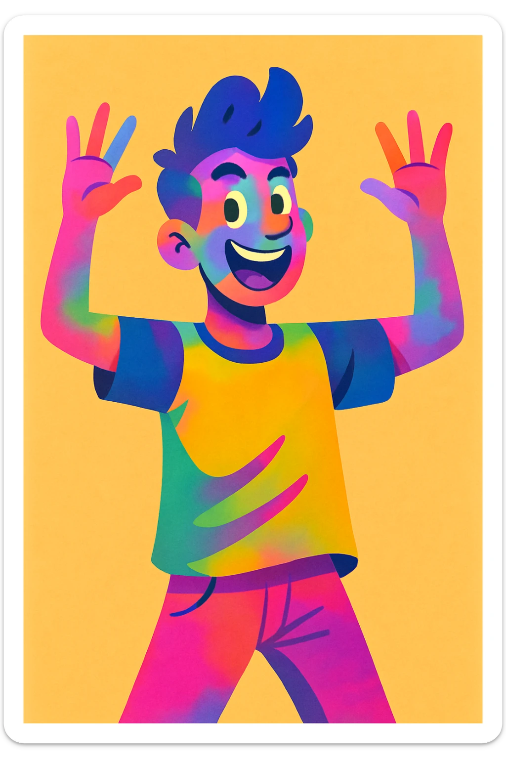 Make the man's skin colorful, with vibrant, lively hues and a playful, artistic look, keeping the energetic style and expression. sticker