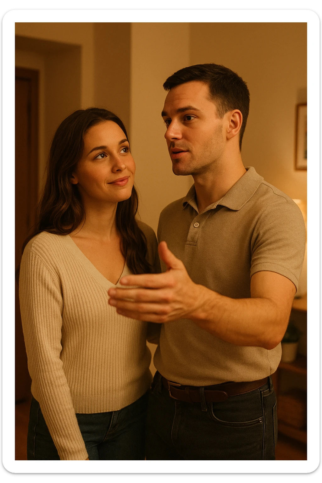 a woman stands slightly behind a man in a domestic setting, looking at him con fiducia e attesa. Il man is upright, with a confident and decisive posture, gently gesturing as if giving direction. The woman’s body language is relaxed and receptive, showing that she trusts and follows his lead. The background is warm and softly lit, emphasizing the couple’s dynamic. sticker