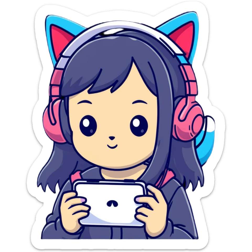 Super kawaii Japanese girl with long hair wearing cat ear headphones and holding a mobile phone sticker
