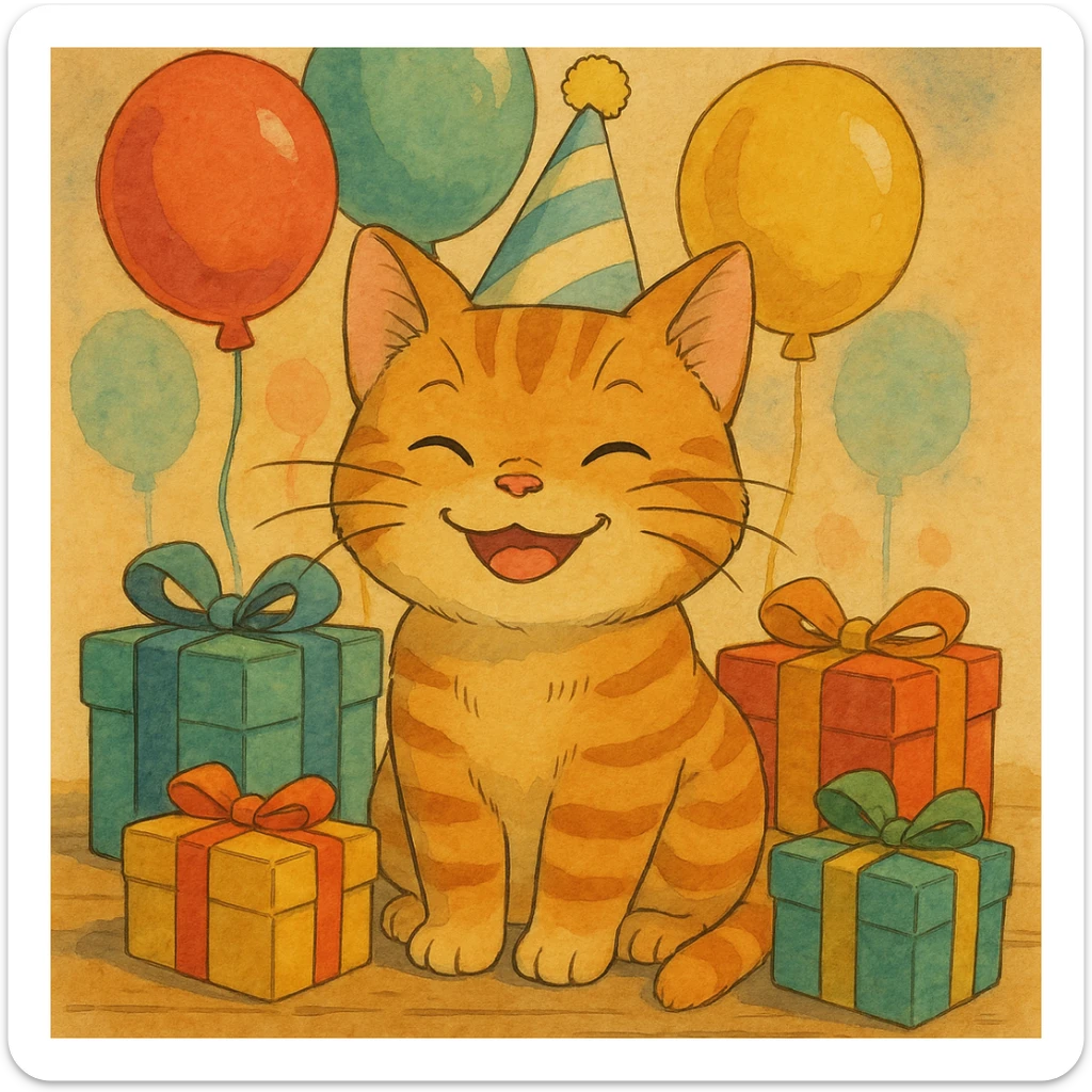 ginger tabby kitten wearing a birthday hat, surrounded by balloons and gifts, smiling, ghibli style birthday scene sticker