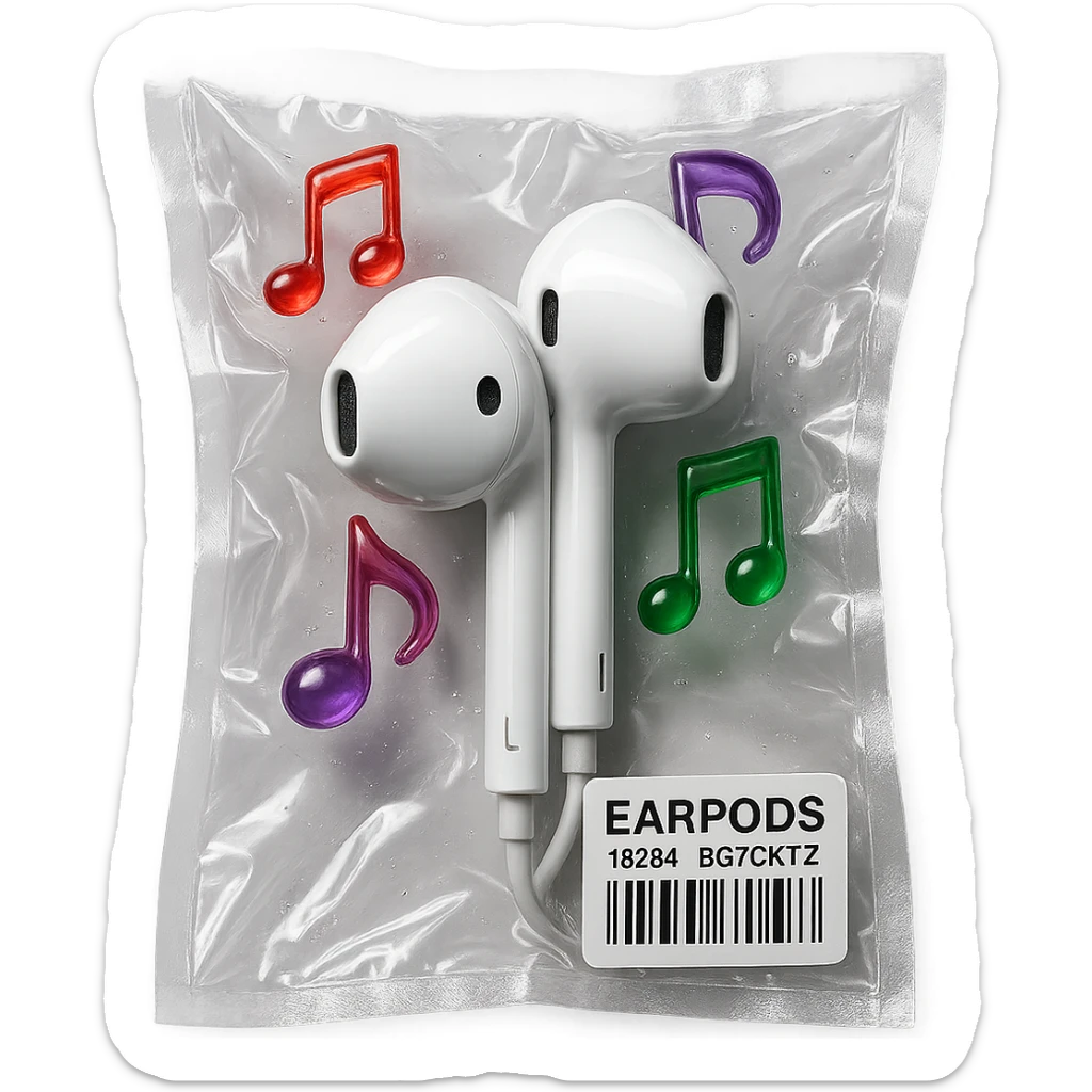 pair of white EarPods with three small glassy music notes in red, green, and purple floating around, glossy and inflated sticker
