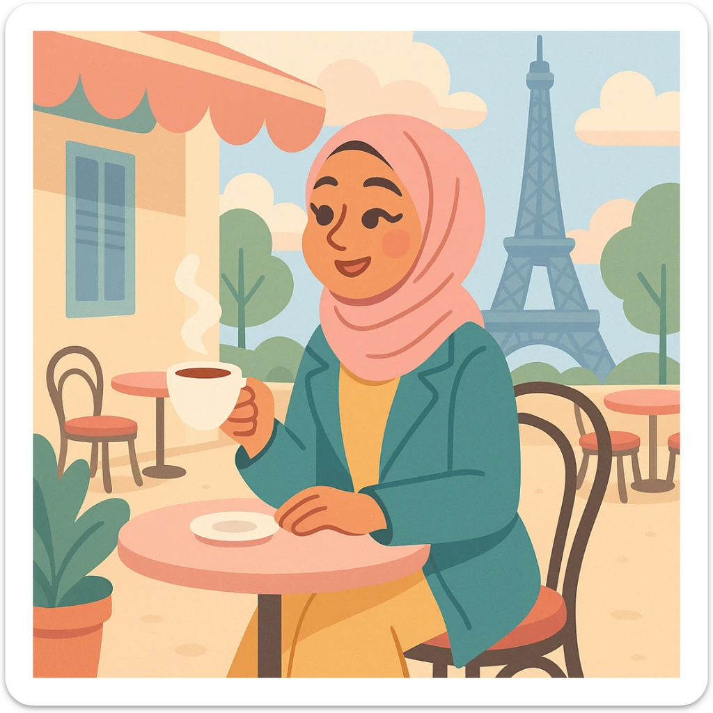 A hijabi woman enjoying coffee at a Parisian café terrace, with the Eiffel Tower in the background, chic and fashionable, soft pastel colors. sticker