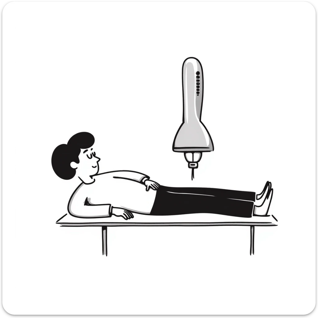 Detailed illustration of DEXA scan procedure with male patient lying on table, bone density measurement machine with scanning arm positioned over patient's body sticker