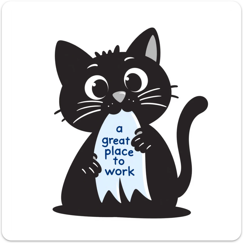 cat holding a ribbon with the text 'a great place to work' written in blue in notion style hand drawn doodle sticker