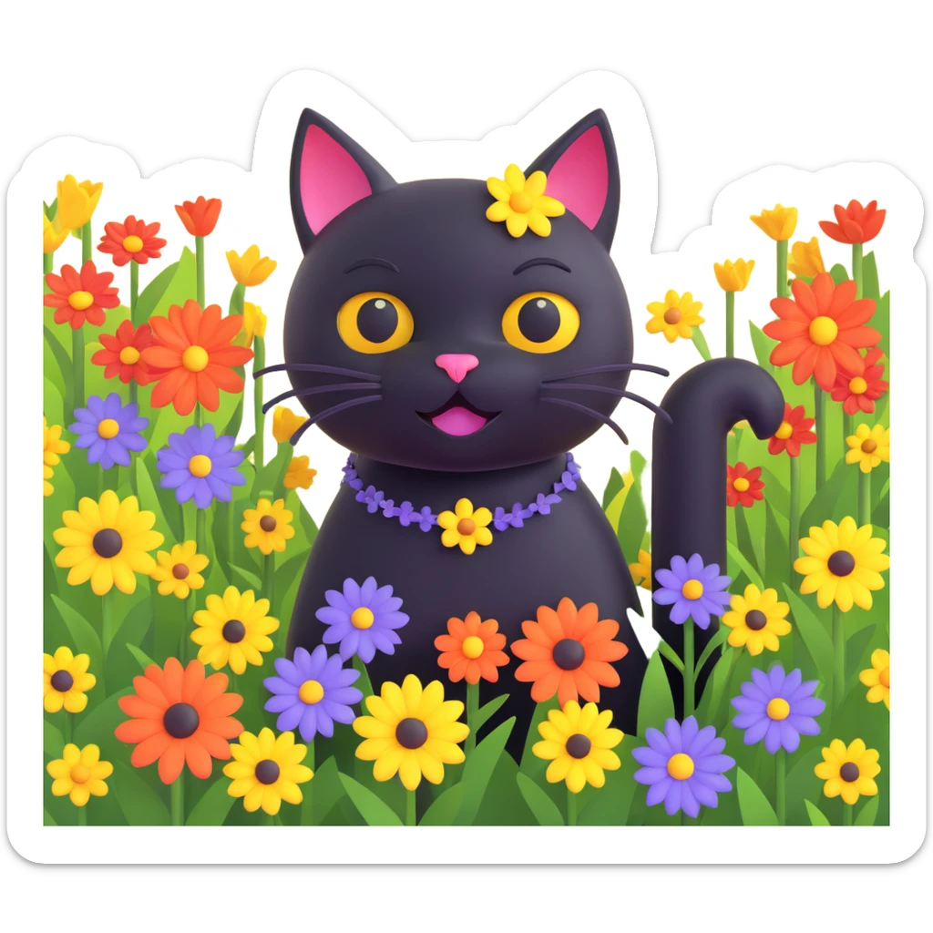A black cat with a flower on its head in a field of flowers, vibrant colors sticker
