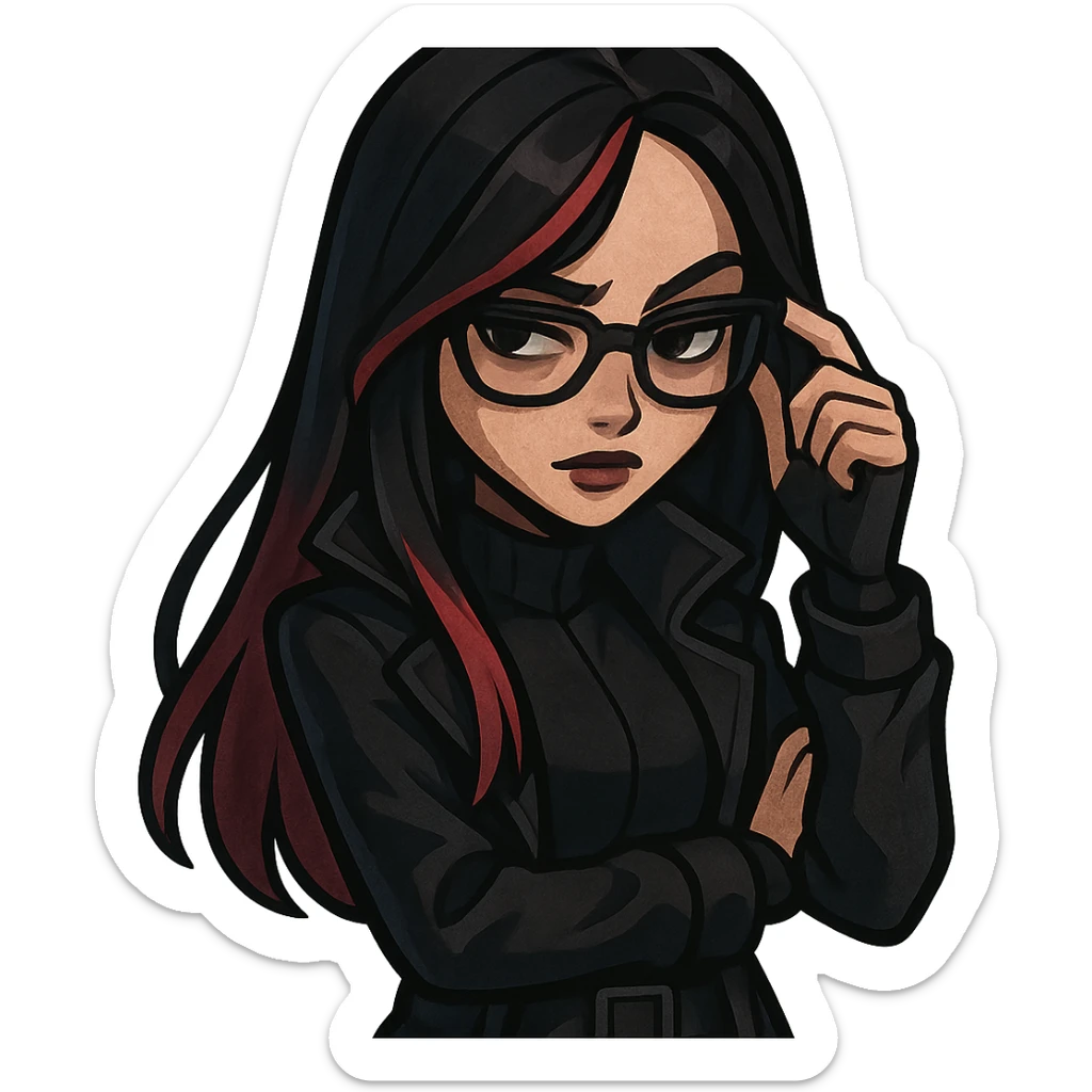 female character with black and red hair, glasses, and a mysterious vibe, inspired by Undercover Kor from Fortnite, in Jiiby-Style sticker