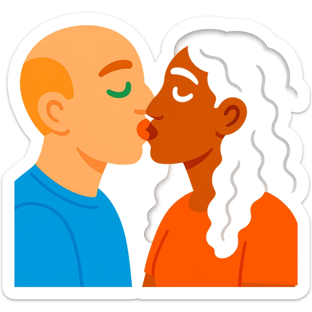 caucasian bald man with green eyes and caucasian woman with long curly dark hair and brown eyes kissing, vibrant toon style sticker