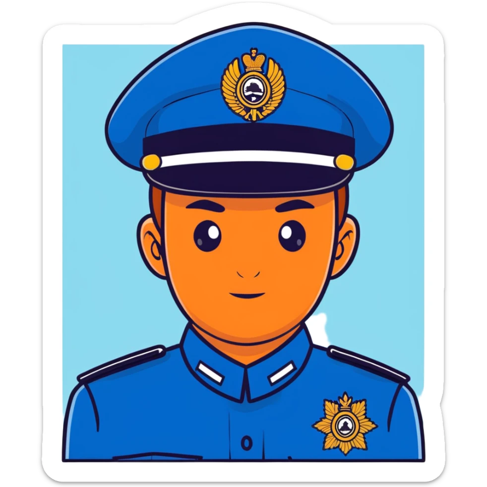 Russian police officer with traditional police cap and blue uniform sticker