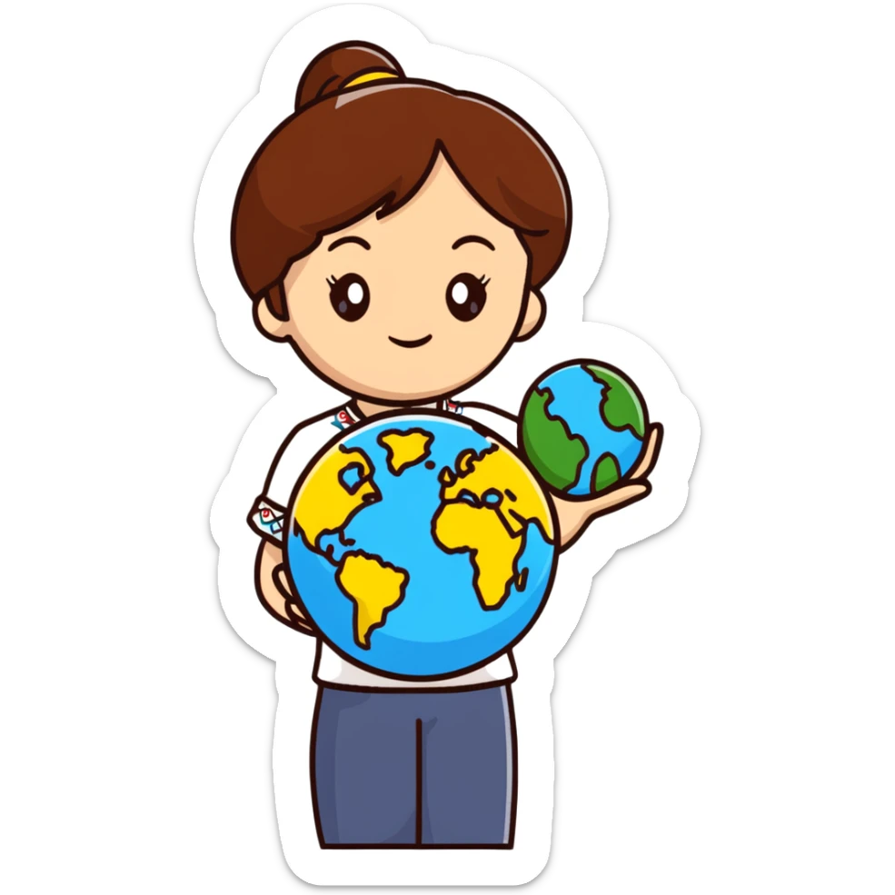 Beautiful young girl with brown hair wearing a white Ukrainian embroidered shirt holding a globe in her hand sticker