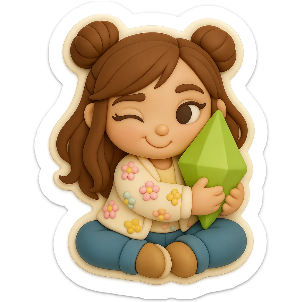3D chibi fondant cake art style, high-quality rendering with smooth shadows and soft gradients. Girl based on reference image with preserved facial features and eye shape, long brown hair in two space buns, brown eyes, jeans, pastel floral cardigan, shoes, thick white outline like a sticker, transparent background. Expression: Flirty, sitting in lotus pose, hugging a Plumbob and pressing her cheek to it like a kitten. Ensure the face, hairstyle, eye shape, and shoes match the reference exactly. sticker