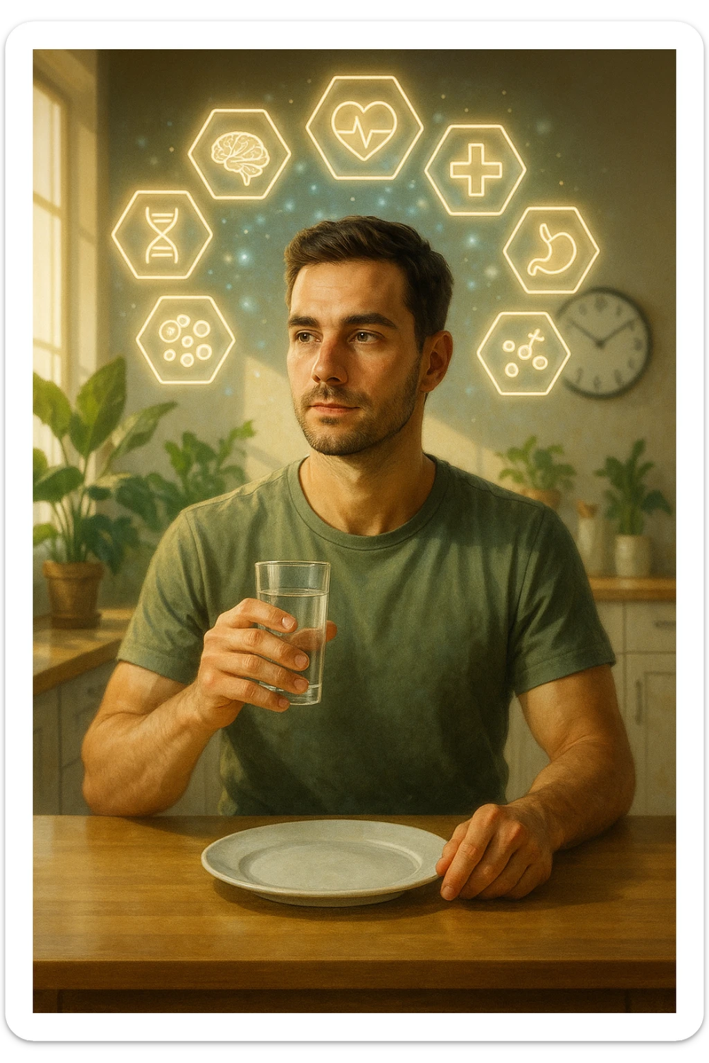 A realistic, cinematic illustration of a healthy, calm man in his early 30s sitting in a bright kitchen in the morning, with an empty plate in front of him and a glass of water in his hand, looking serene and focused. Behind him, the background shows subtle symbols of health: green plants, sunlight streaming in, and a blurred wall clock showing 10:00, symbolizing the fasting window. Above the man, a translucent overlay of medical icons (heart, brain, DNA strand) glows softly, illustrating that intermittent fasting acts as a powerful medicine, not merely a diet. The color palette is fresh and natural, emphasizing health, clarity, and focus. The style is realistic with slight cinematic tones, conveying that the man is using intermittent fasting as a tool for cellular regeneration, inflammation reduction, and health optimization rather than weight loss sticker