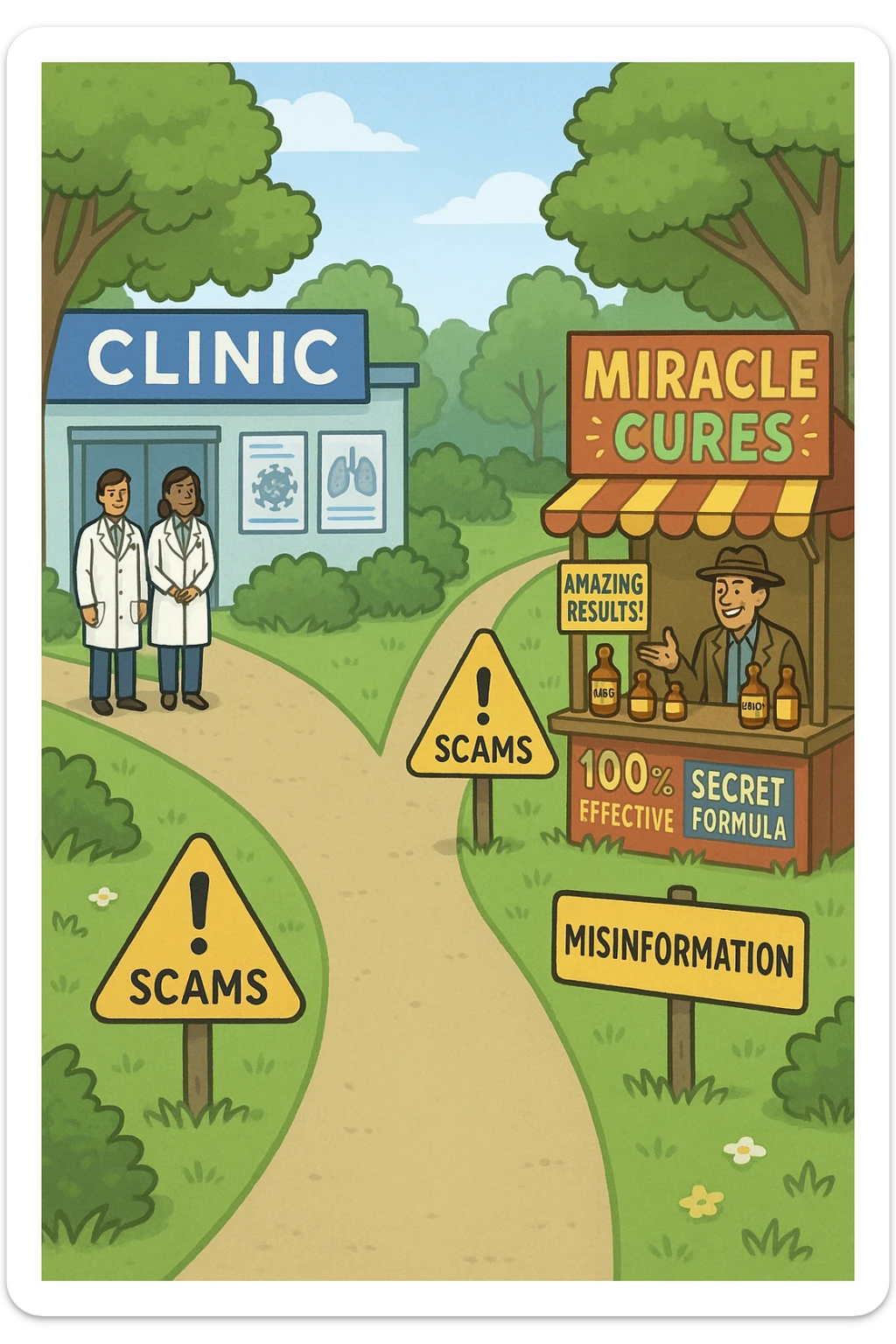 two paths diverge—one leads to a trustworthy clinic with doctors and scientific posters, the other to a shady stand selling “miracle” medicines with exaggerated claims. Signs along the second path warn of scams and misinformation. The scene encourages viewers to choose reliable, science-based healthcare. sticker