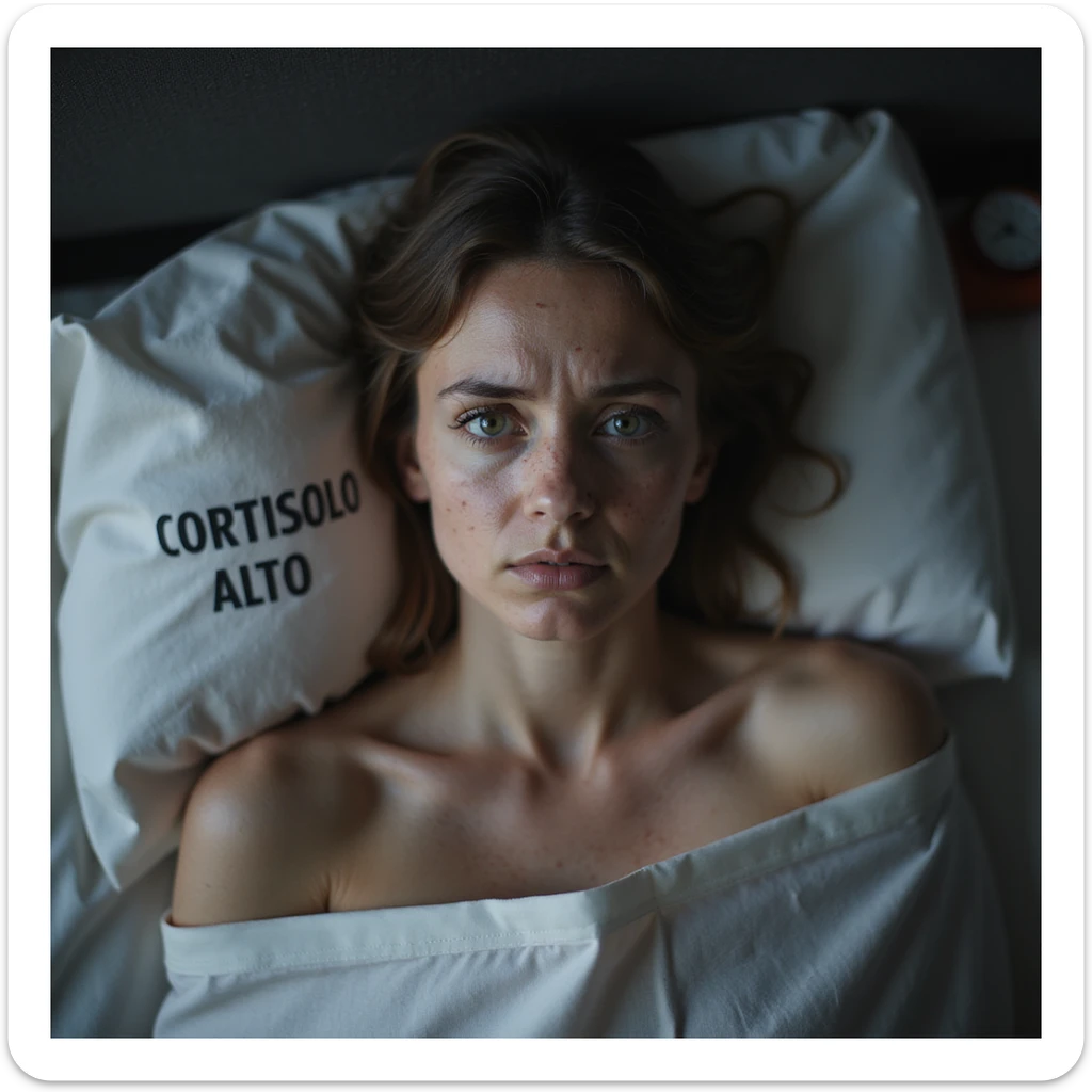 woman with PCOS and high cortisol, face with acne and chin hair, thin hair, body with abdominal fat accumulation, eyes with dark circles, stressed expression, sheet with the text 'CORTISOLO ALTO', clock showing late evening, hyperrealistic 4K details, home environment sticker